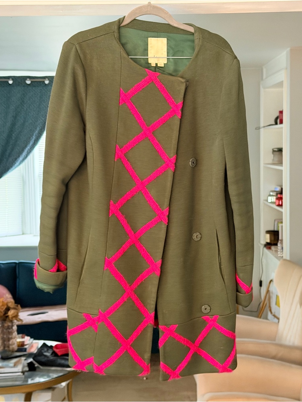 Anthropologie Olive Green Trench Coat with Hot Pink Lattice Trim